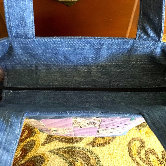 Handmade Denim and Lavender Floral Patchwork Quilted Tote Bag with Zip Closure - Picture 5 of 9